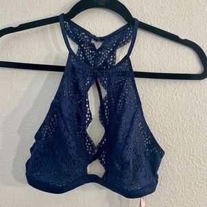 Victoria's Secrets Crochet Lace Cutout Bralette Navy Blue Halter Size Medium.